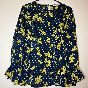 Counterparts Women’s Blouse Navy with Yellow Flower&White Polka Dots size Large